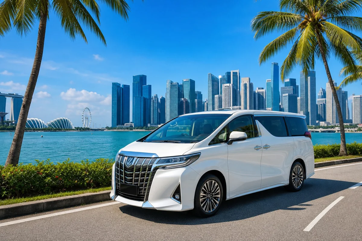 阳光下的新加坡海岸公路与白色 MPV 包车